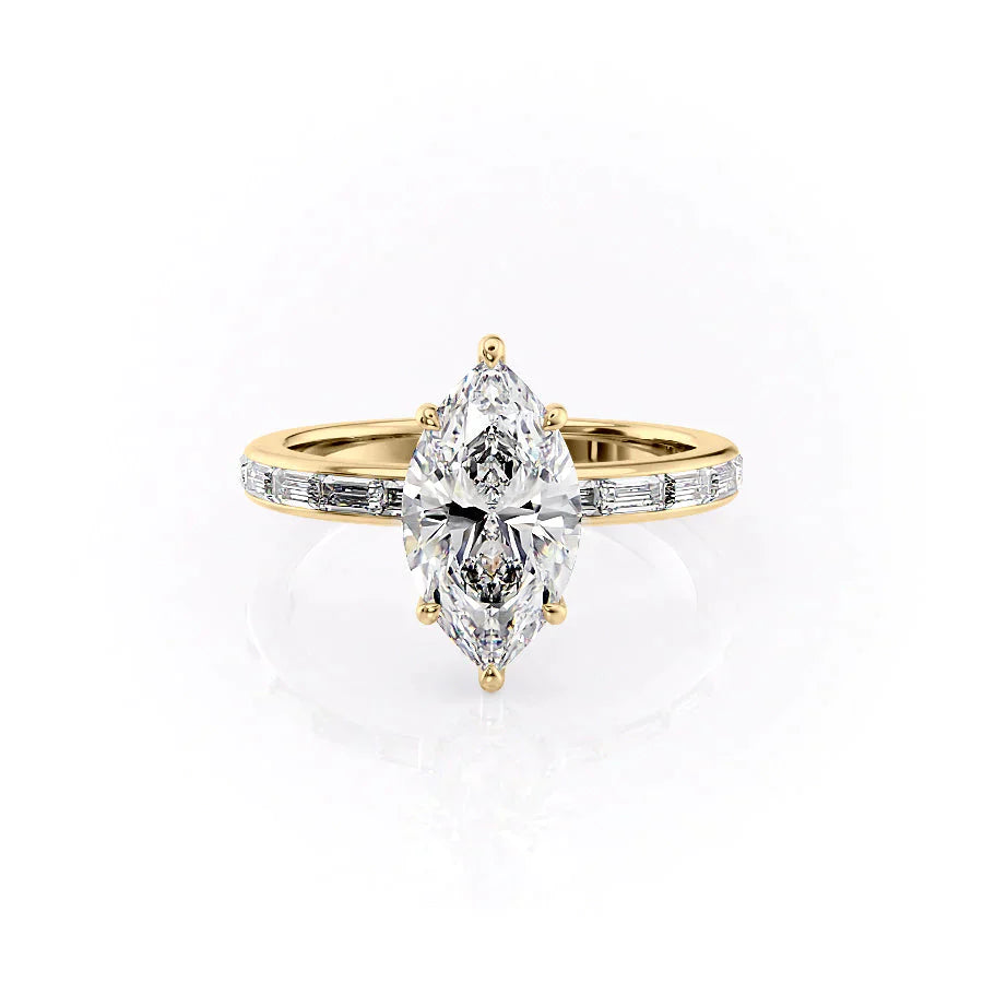 The Jennifer Set With A 2.5 Carat Marquise 14K Yellow Gold Lab Diamond