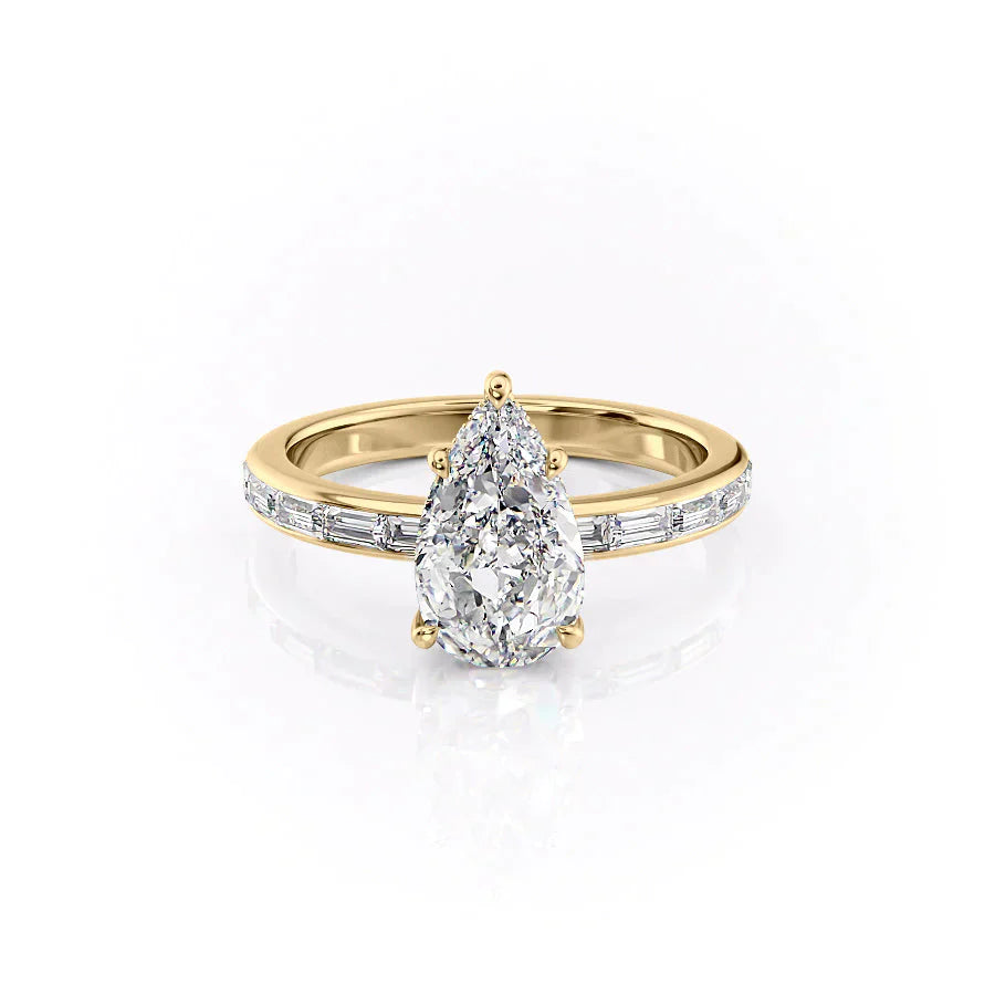 The Jennifer Set  With A 3 Carat Pear 14K Yellow Gold Moissanite