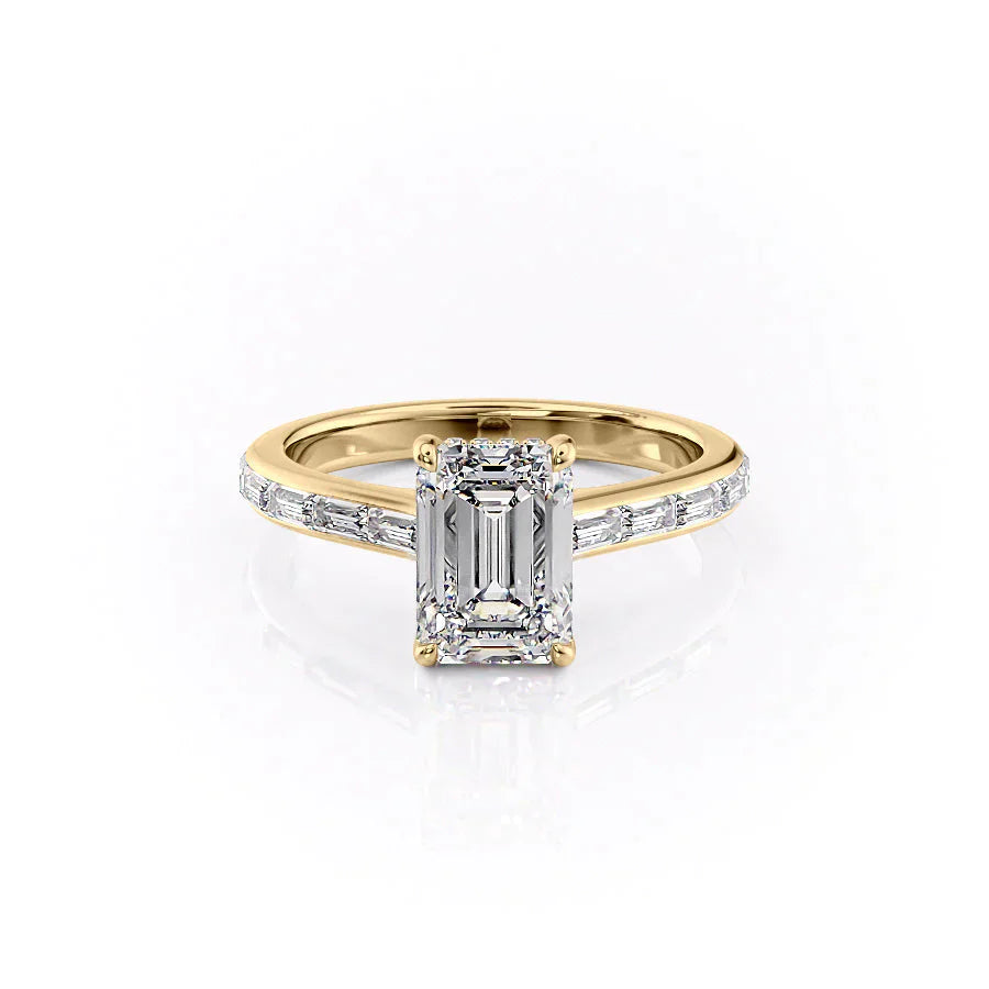 The Monica Set  With A 5 Carat Emerald 14K Yellow Gold Moissanite