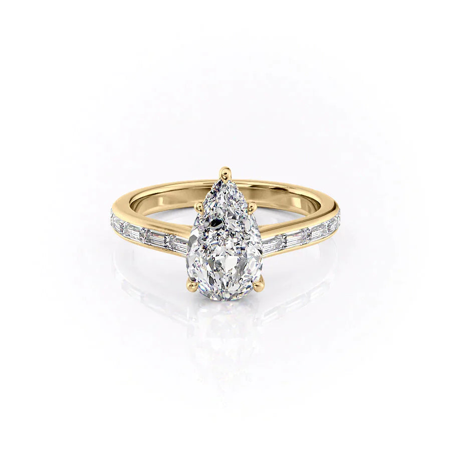 The Monica Set  With A 2.5 Carat Pear 18K Yellow Gold Moissanite