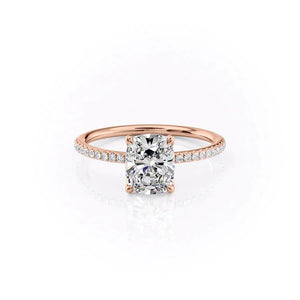The Pave Ashley Set  With A 3 Carat E. Cushion 14K Rose Gold Moissanite