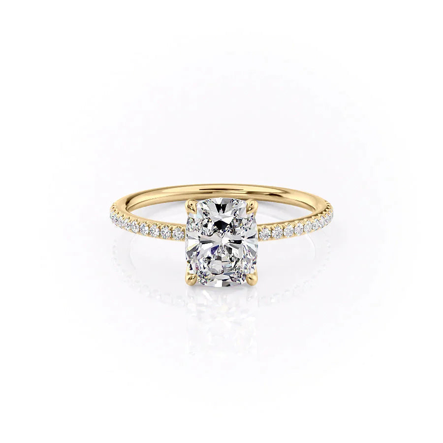 The Pave Ashley Set  With A 5 Carat E. Cushion 14K Yellow Gold Moissanite