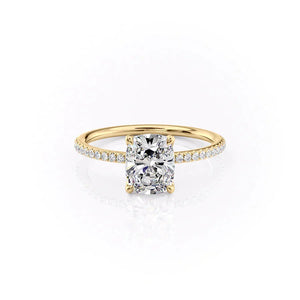 The Pave Ashley Set  With A 4.5 Carat E. Cushion 18K Yellow Gold Moissanite