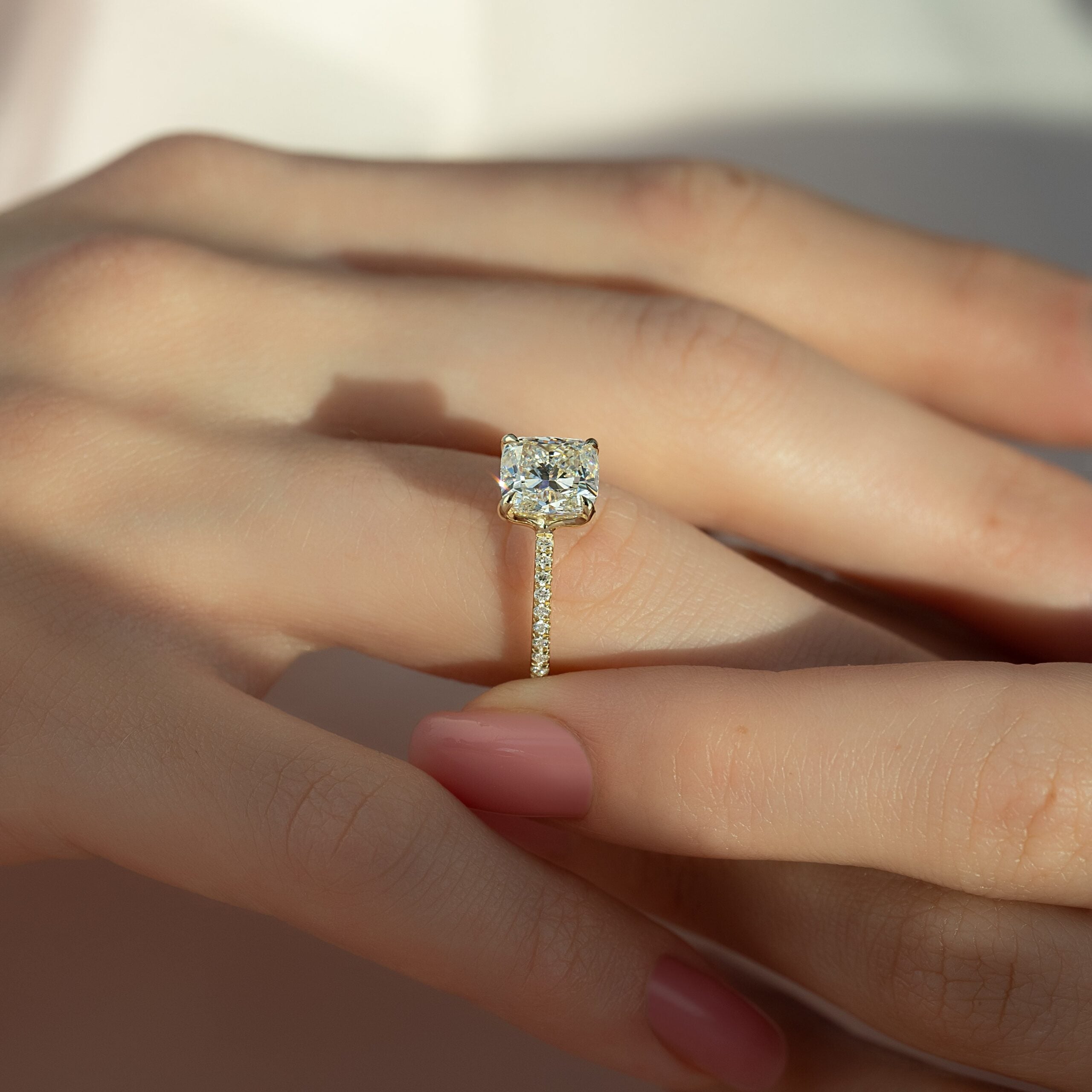 The Pave Ashley Set With A 1 Carat Cushion 18K Yellow Gold Lab Diamond