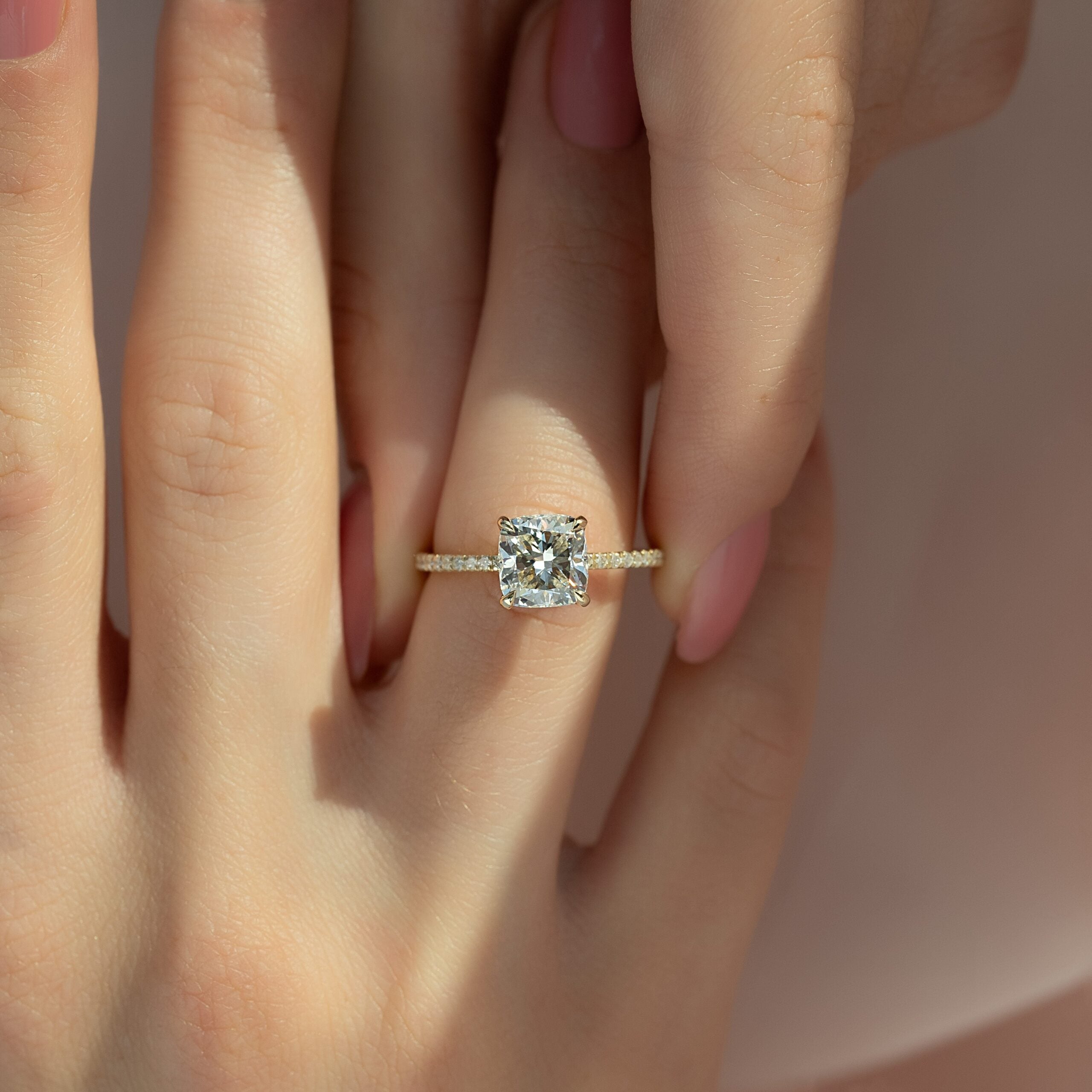 The Pave Ashley Set With A 1 Carat Cushion 18K Yellow Gold Lab Diamond