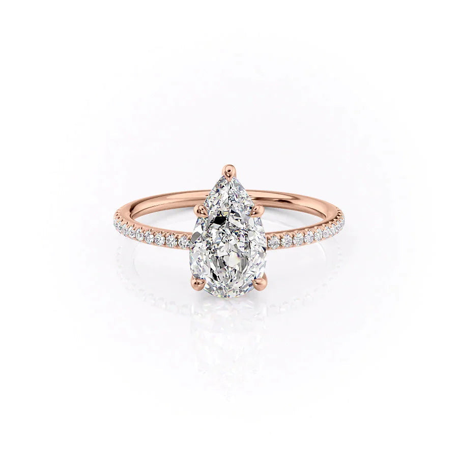 The Pave Ashley Set  With A 3 Carat Pear 14K Rose Gold Moissanite