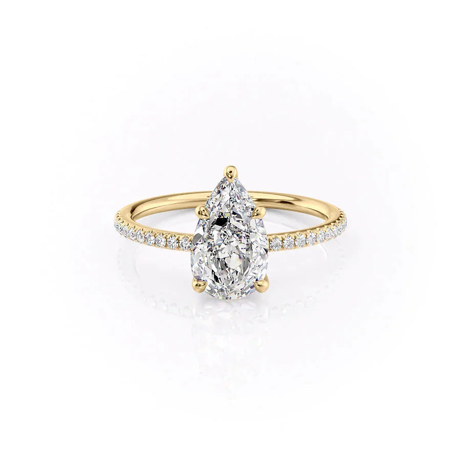 The Pave Ashley Set  With A 3 Carat Pear 18K Yellow Gold Moissanite
