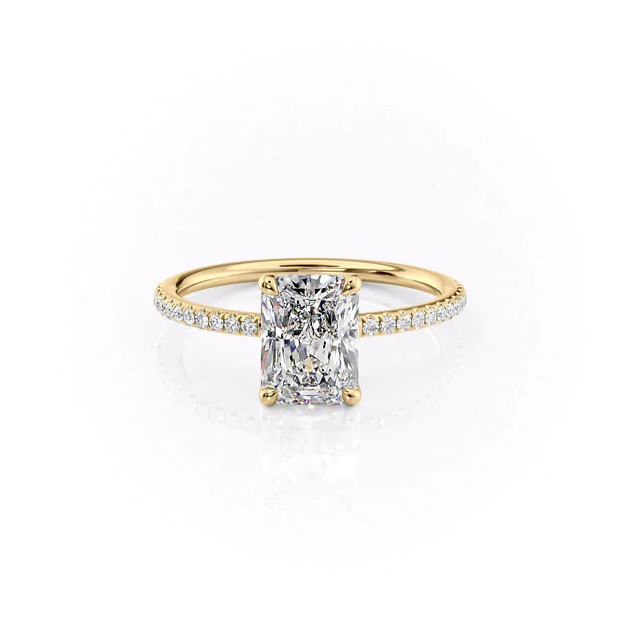 The Pave Ashley Set  With A 3 Carat Radiant 14K Yellow Gold Moissanite