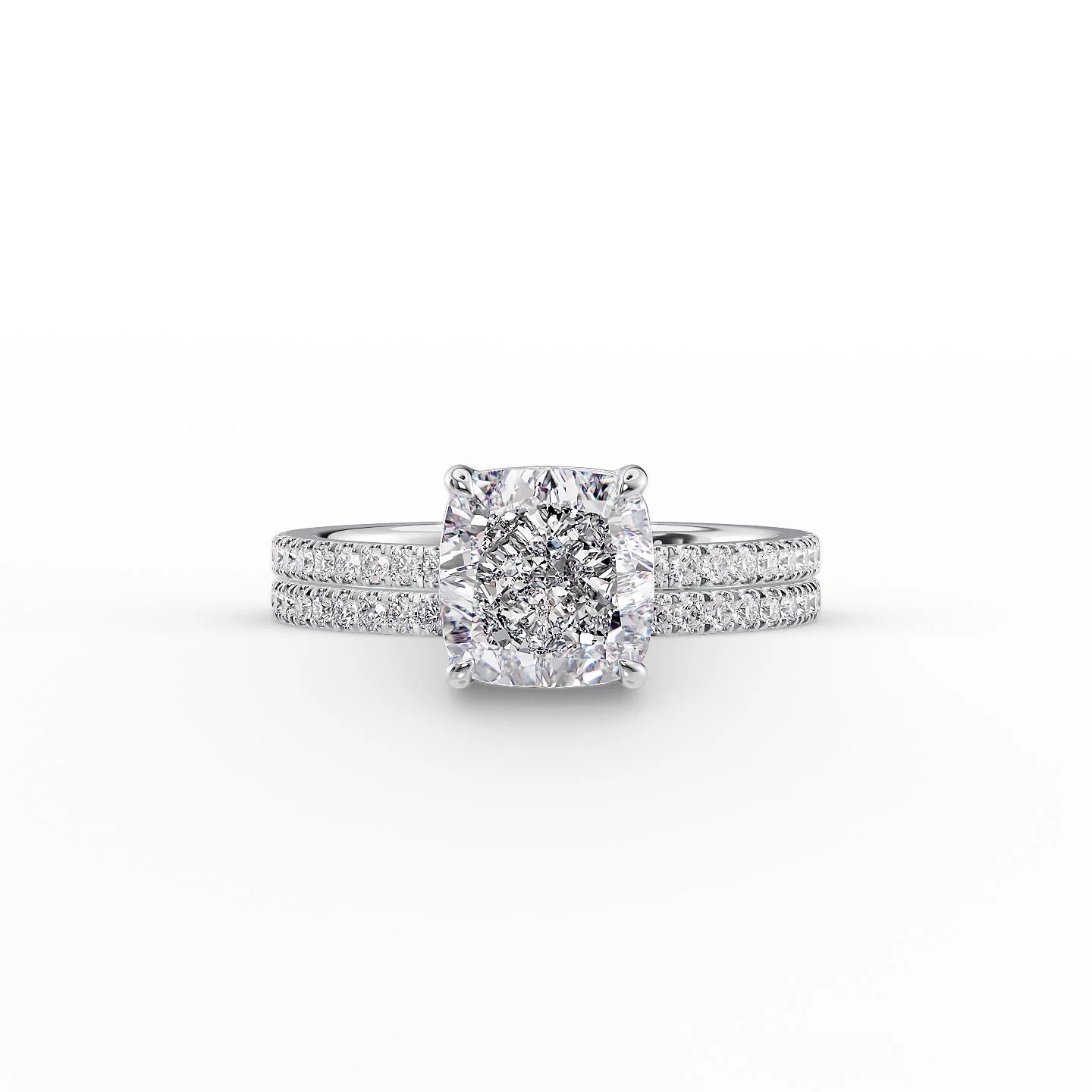 The Pave Eleanor Set With A 2 Carat Cushion 18K White Gold Lab Diamond
