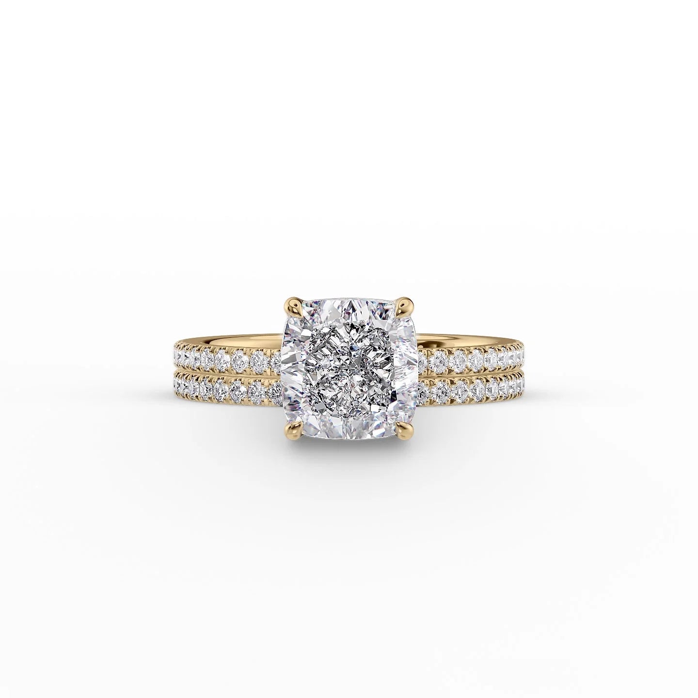 The Pave Eleanor Set With A 2.5 Carat Cushion 18K Yellow Gold Lab Diamond