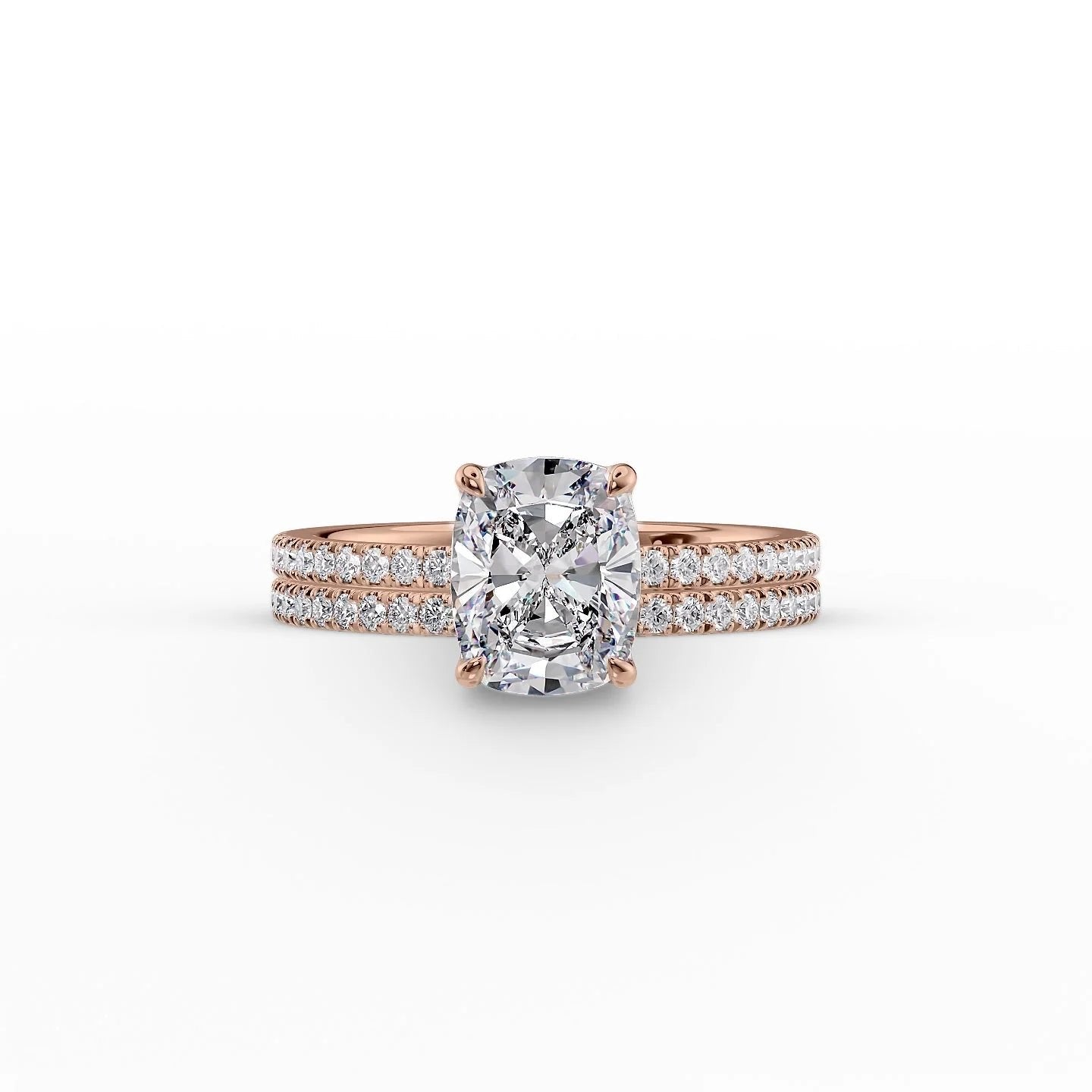 The Pave Eleanor Set With A 1 Carat E. Cushion 14K Rose Gold Lab Diamond