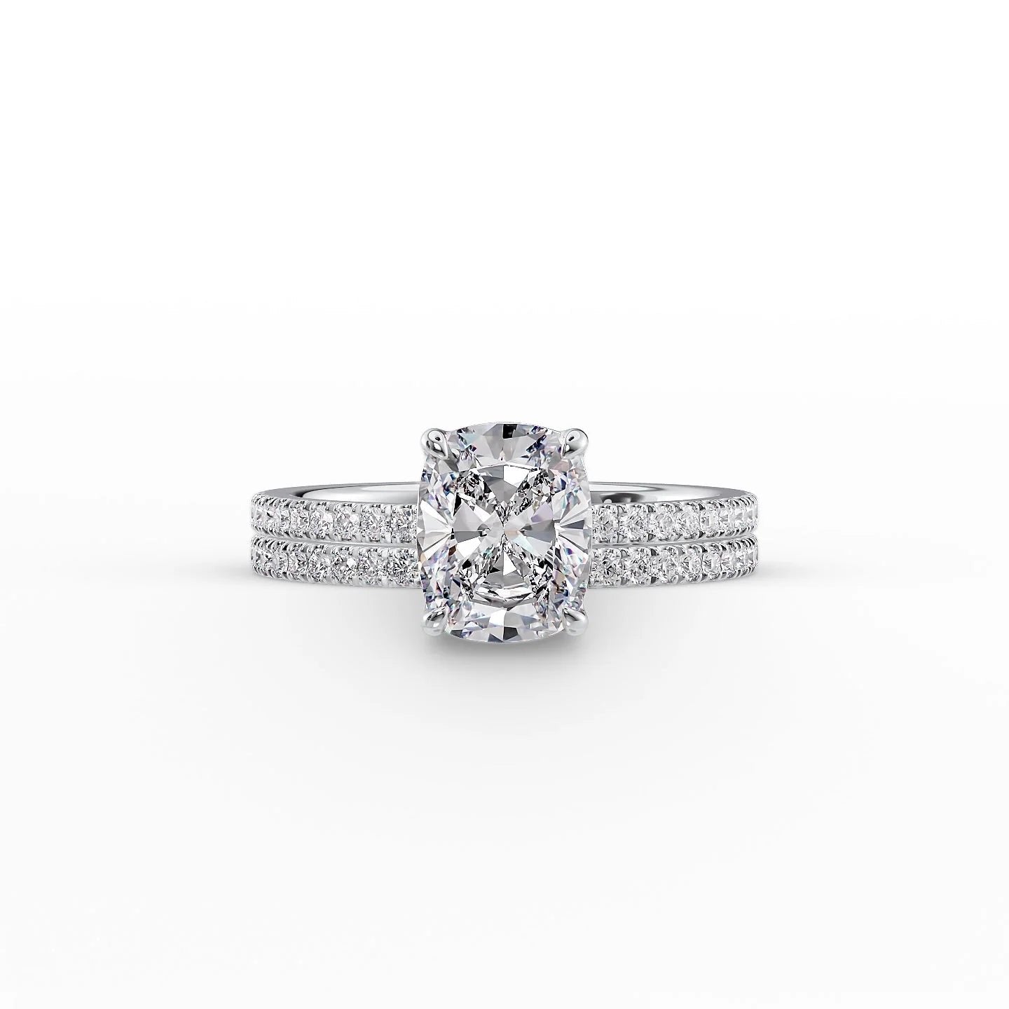 The Pave Eleanor Set With A 1 Carat E. Cushion 18K White Gold Lab Diamond