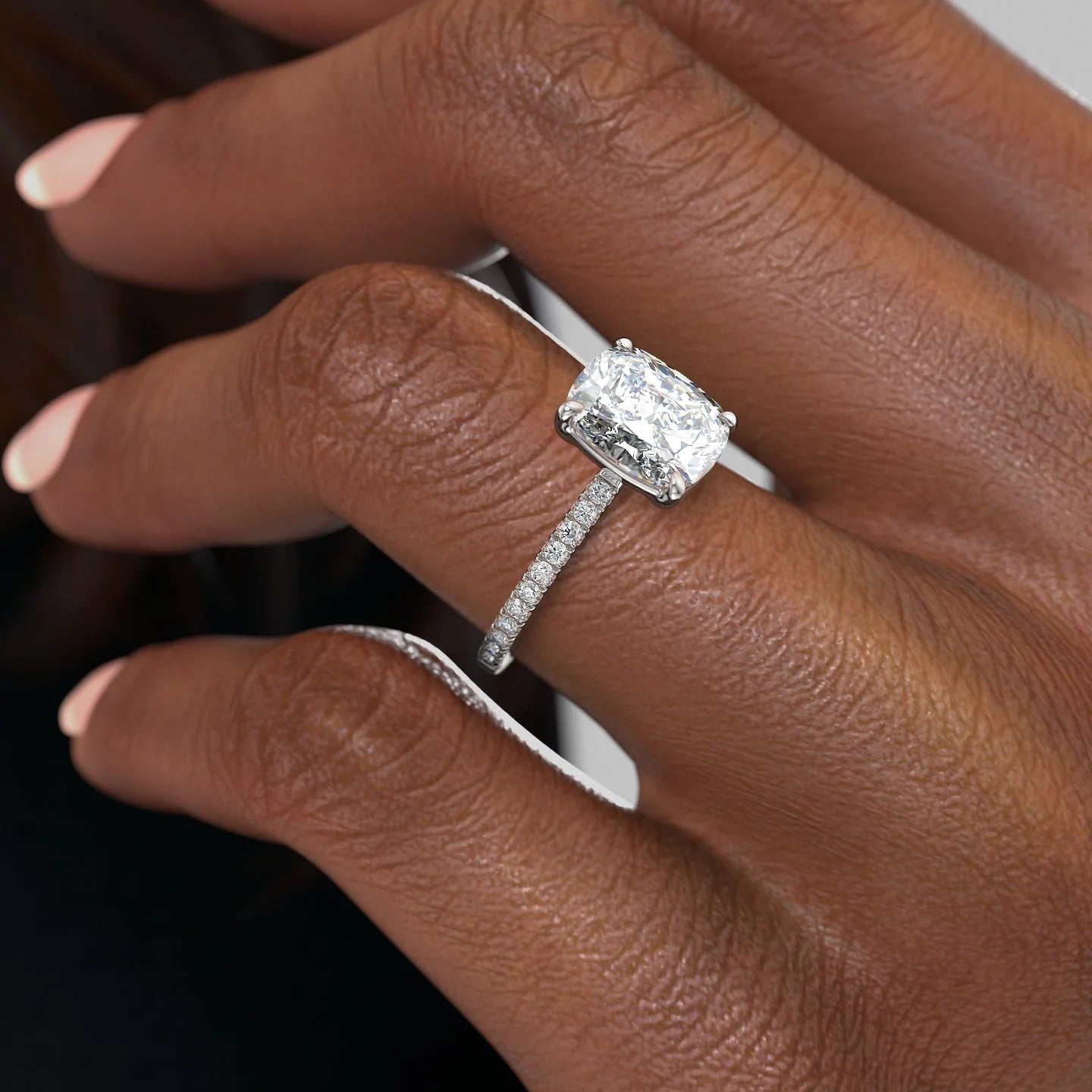 The Pave Eleanor Set With A 3 Carat E. Cushion 14K White Gold Lab Diamond
