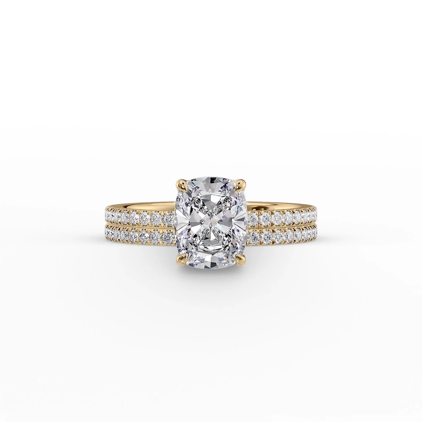 The Pave Eleanor Set With A 2.5 Carat E. Cushion 14K Yellow Gold Lab Diamond