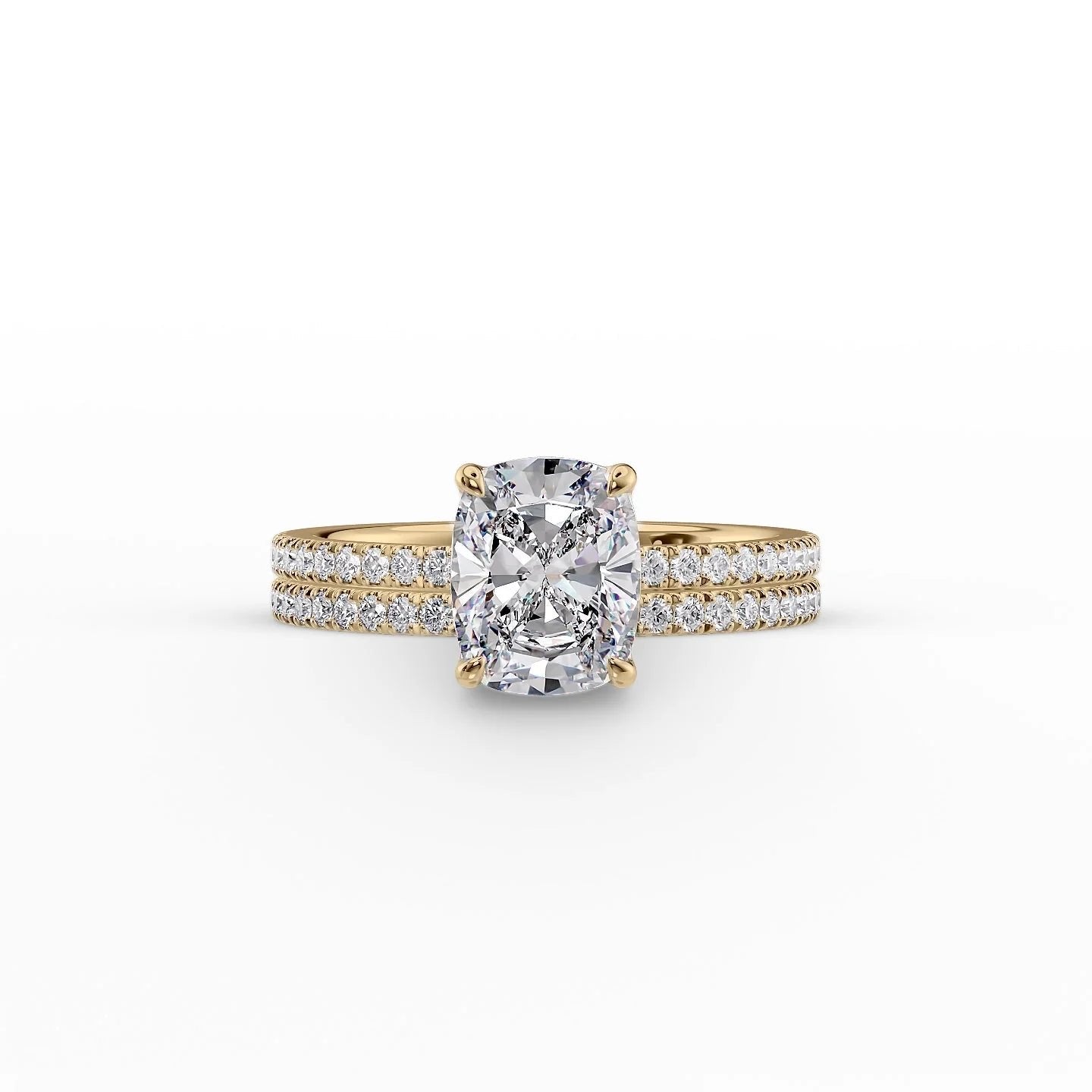 The Pave Eleanor Set With A 1 Carat E. Cushion 18K Yellow Gold Lab Diamond