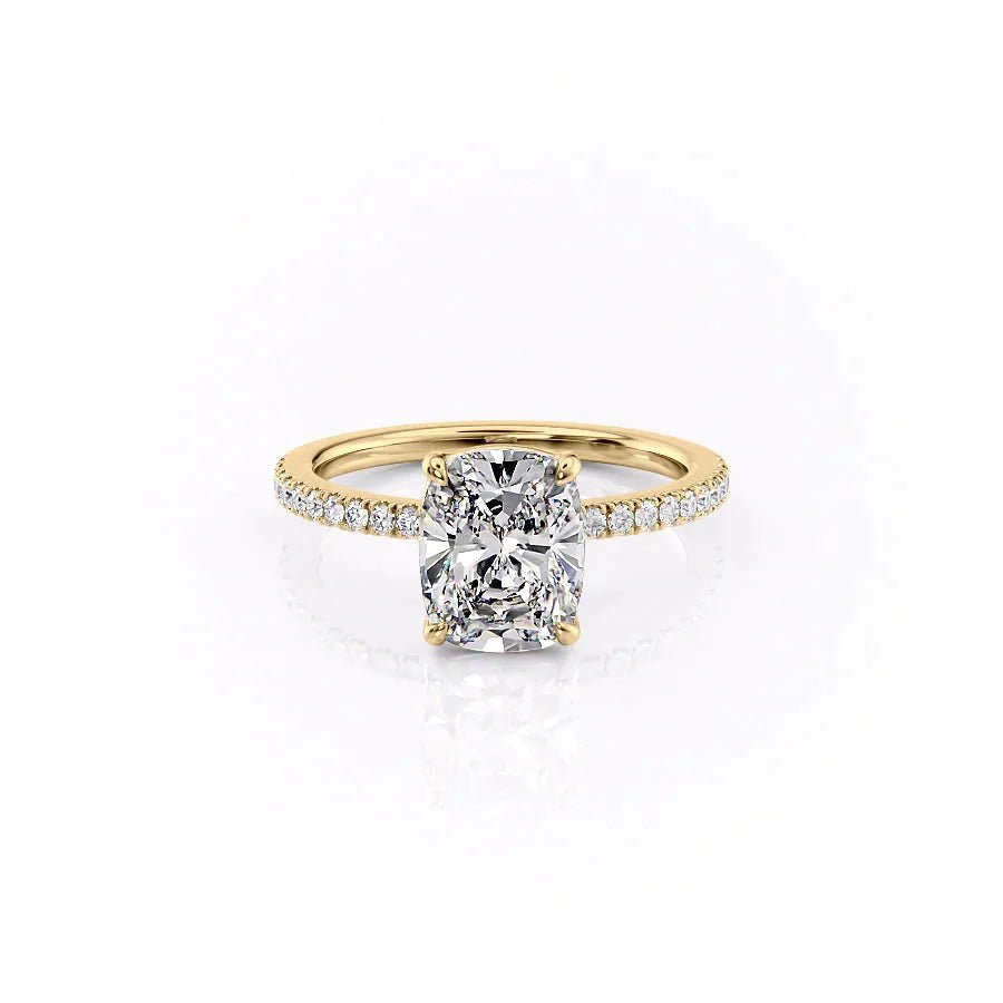 The Pave Eleanor Set With A 1 Carat E. Cushion 18K Yellow Gold Lab Diamond