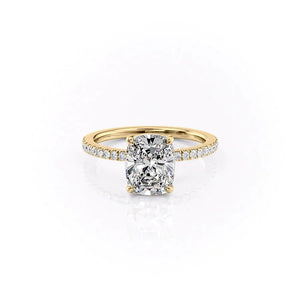 The Pave Eleanor Set With A 1 Carat E. Cushion 18K Yellow Gold Lab Diamond