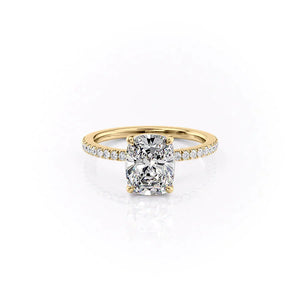 The Pave Eleanor Set With A 2.5 Carat E. Cushion 18K Yellow Gold Lab Diamond
