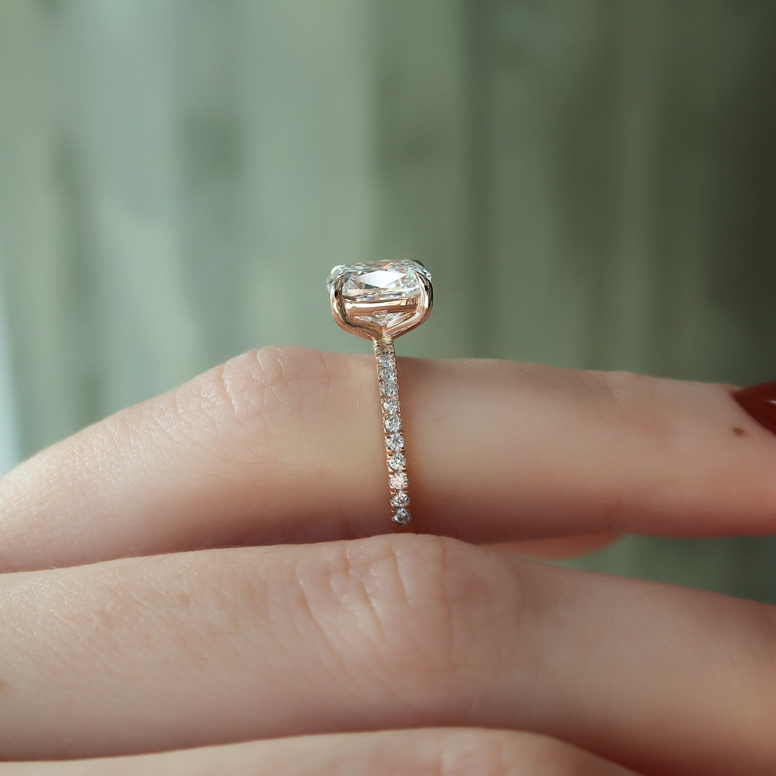 The Pave Eleanor Set With A 1.5 Carat E. Cushion 14K Rose Gold Lab Diamond