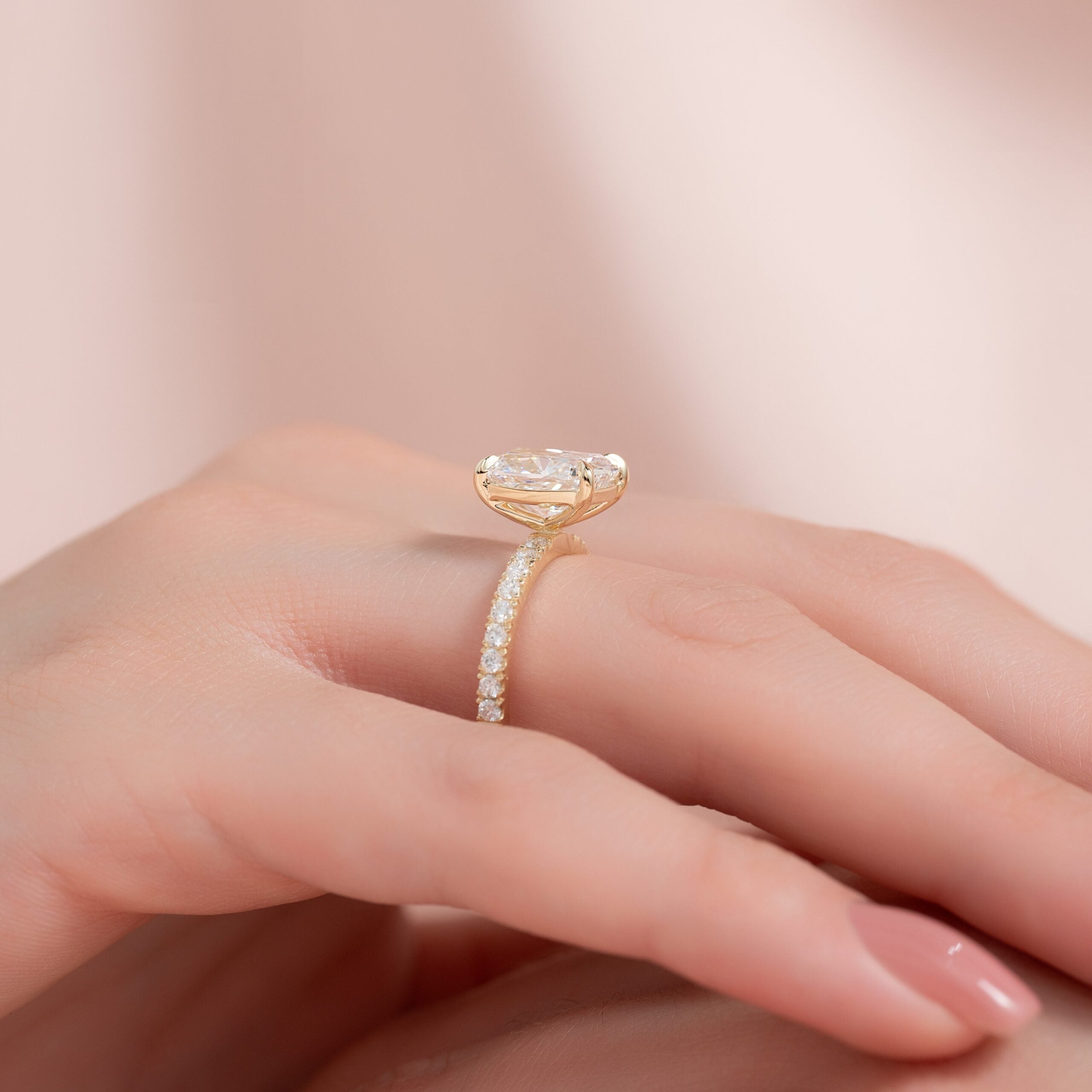 The Pave Eleanor Set With A 2 Carat E. Cushion 14K Yellow Gold Lab Diamond