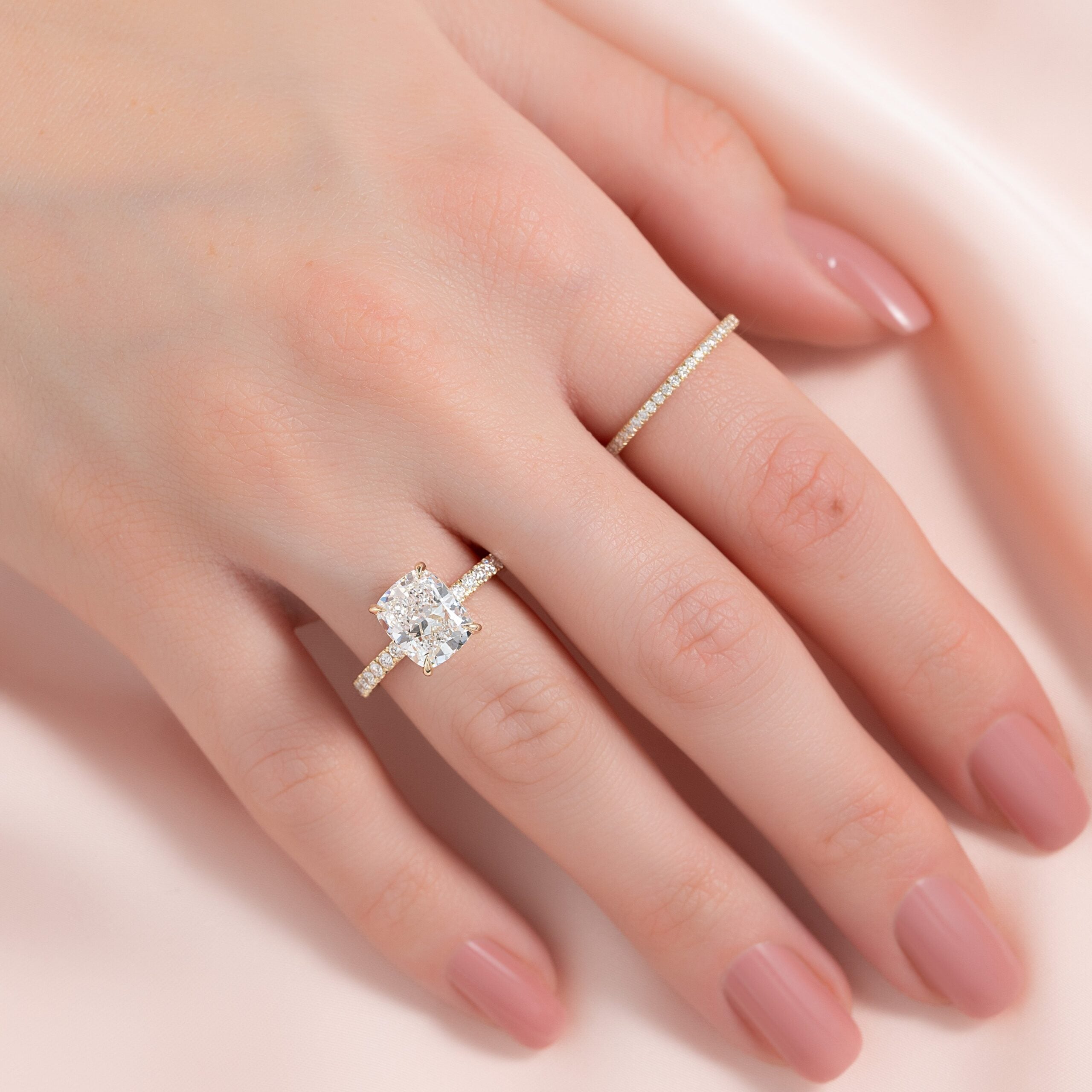 The Pave Eleanor Set With A 3 Carat E. Cushion 14K Yellow Gold Lab Diamond