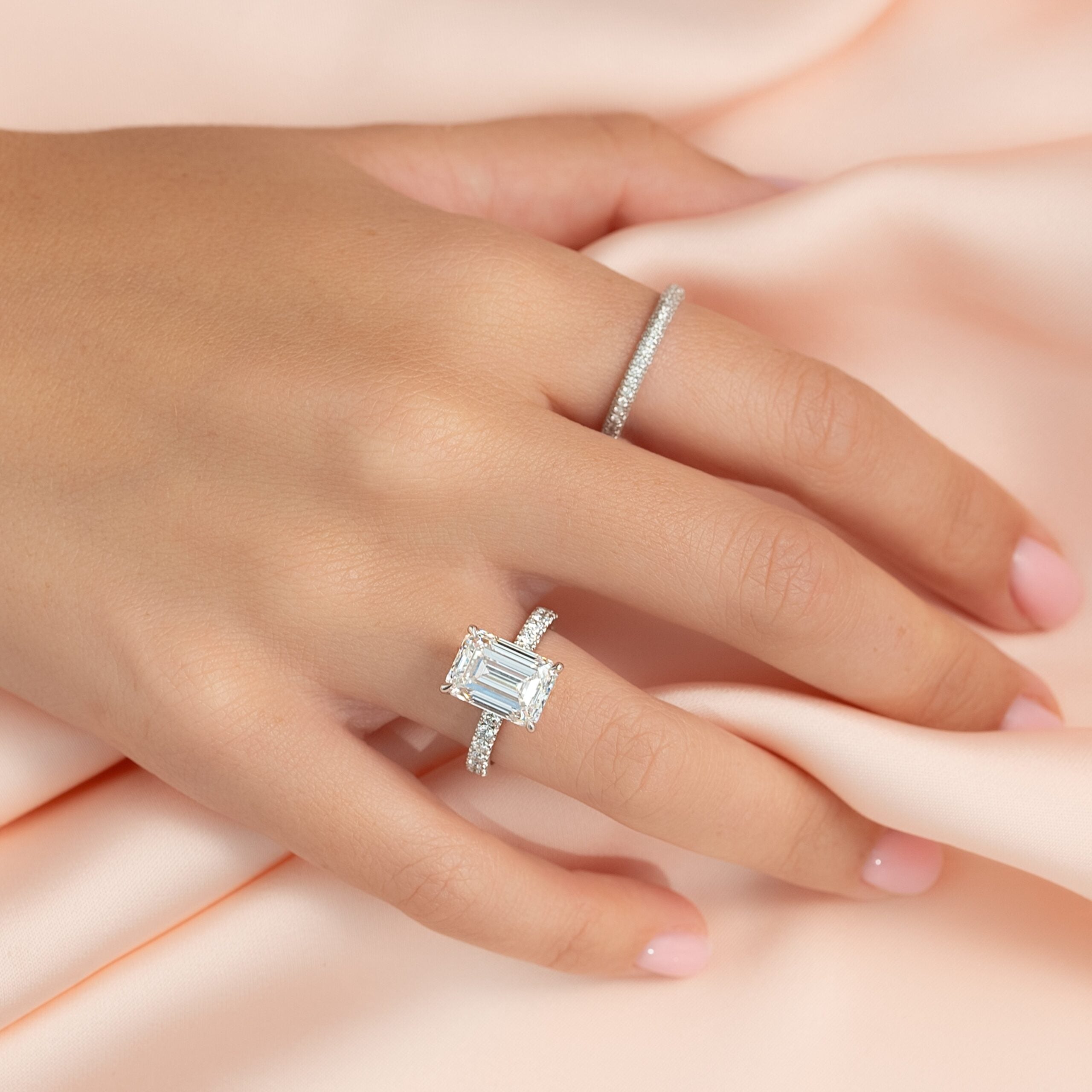 The Pave Eleanor Set With A 1.5 Carat Emerald 18K White Gold Lab Diamond