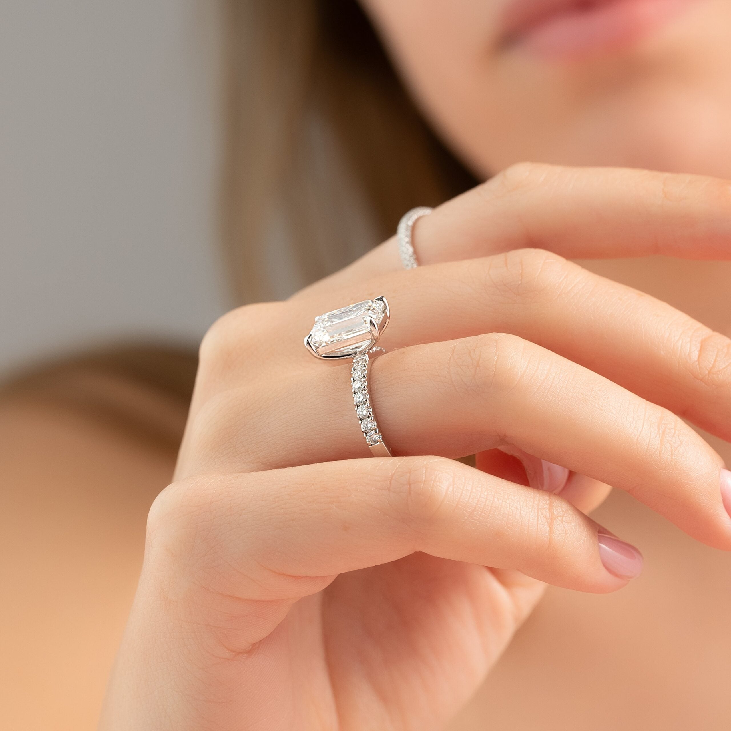 The Pave Eleanor Set With A 2 Carat Emerald 14K White Gold Lab Diamond