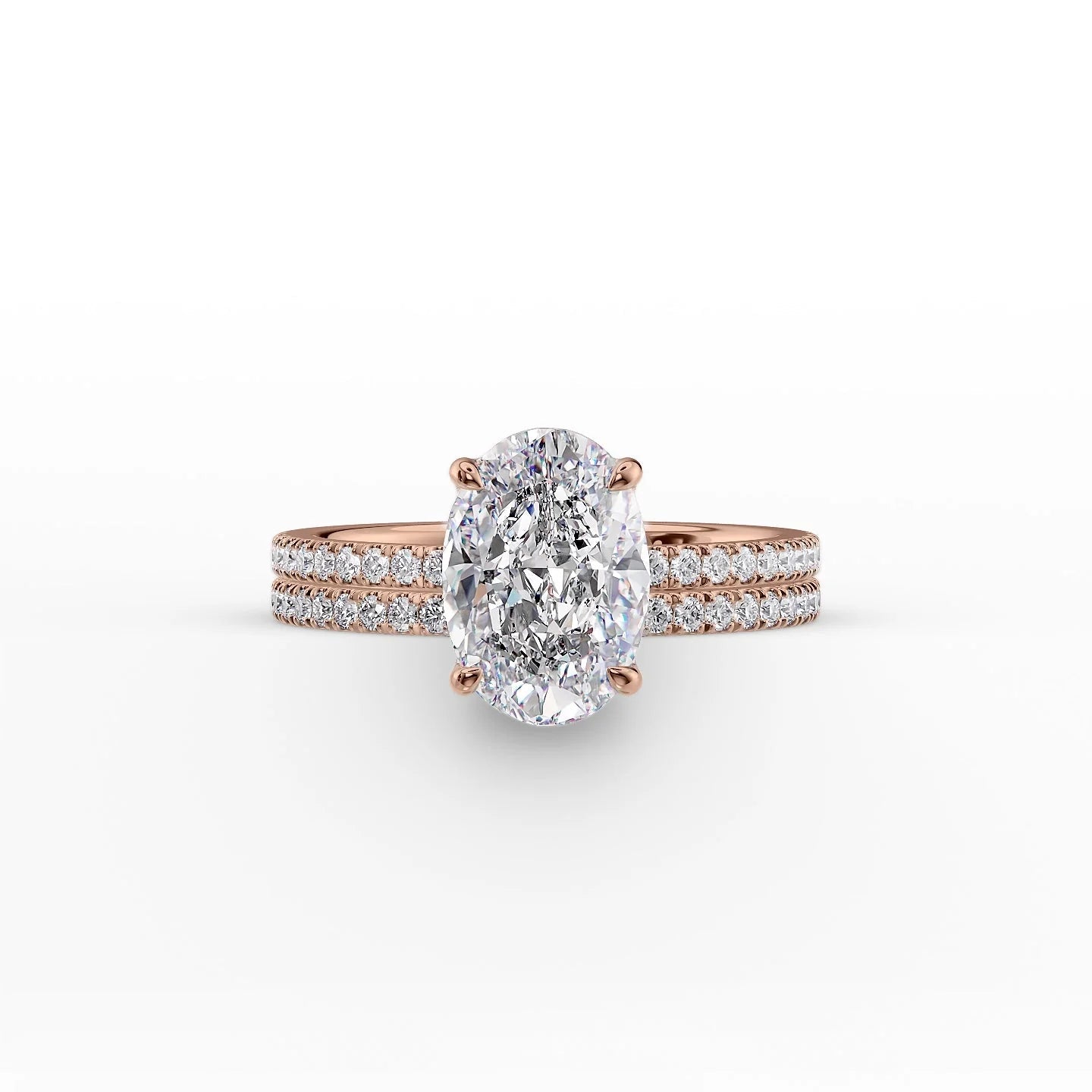 The Pave Eleanor Set With A 3 Carat Oval 14K Rose Gold Lab Diamond