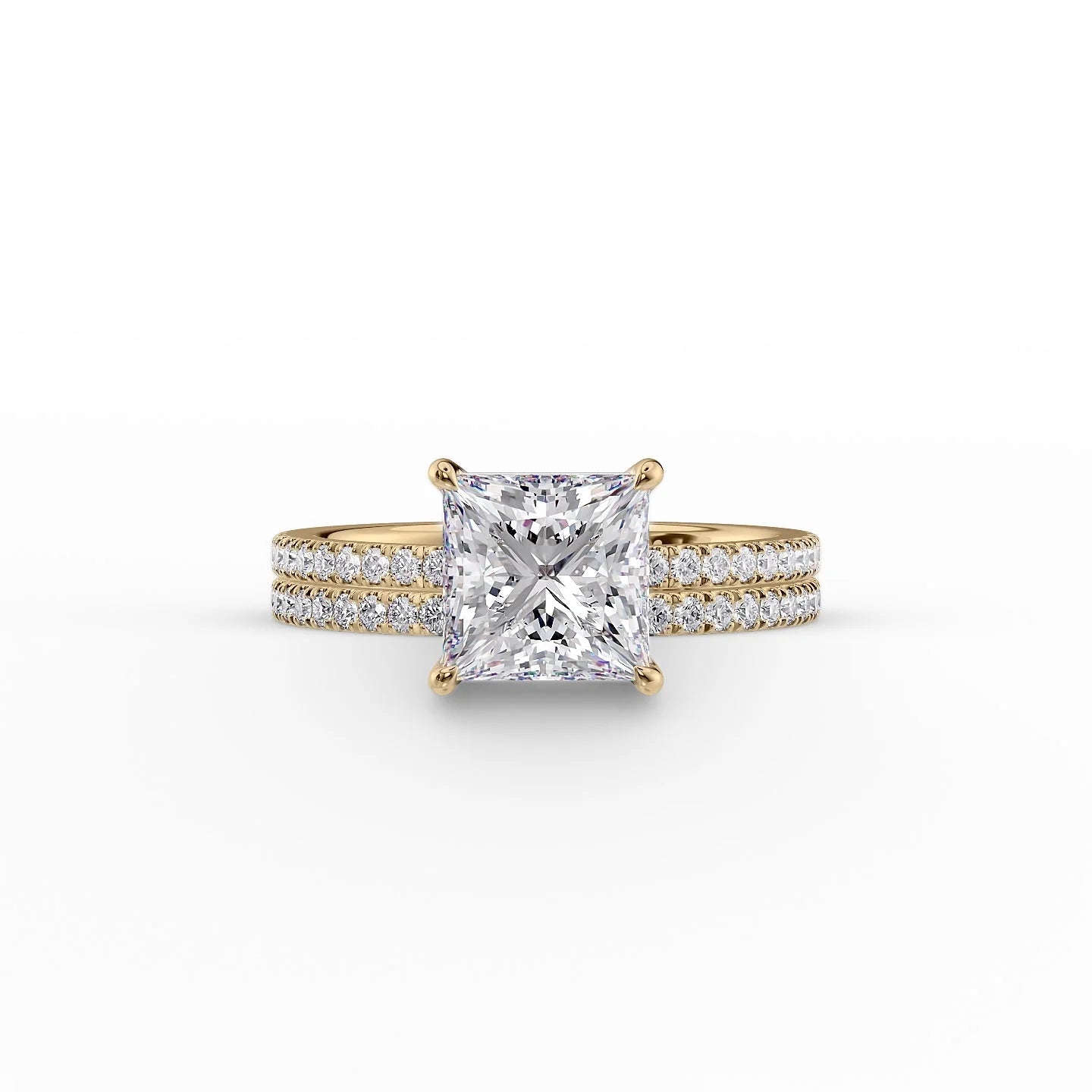The Pave Eleanor Set  With A 2.5 Carat Princess 18K Yellow Gold Moissanite