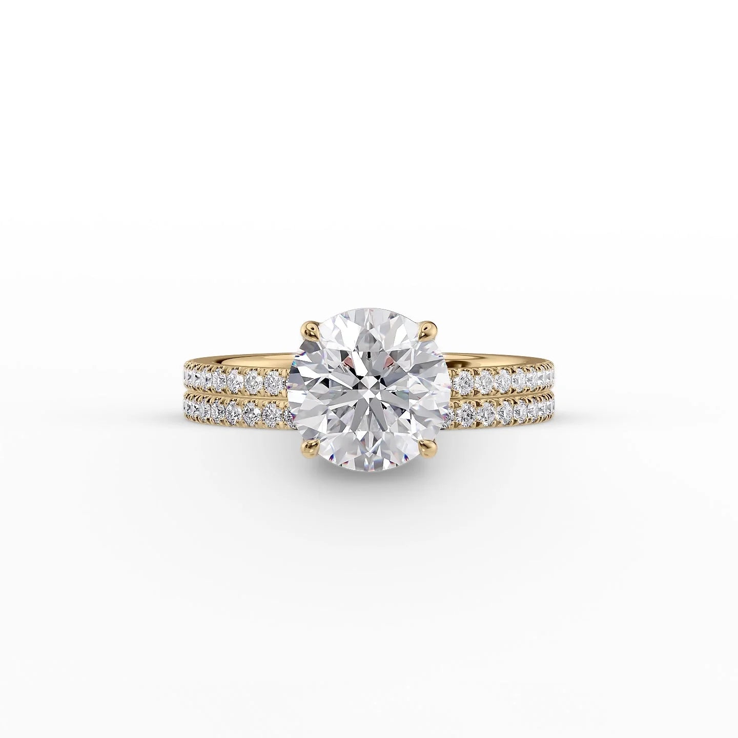 The Pave Eleanor Set With A 3 Carat Round 18K Yellow Gold Lab Diamond