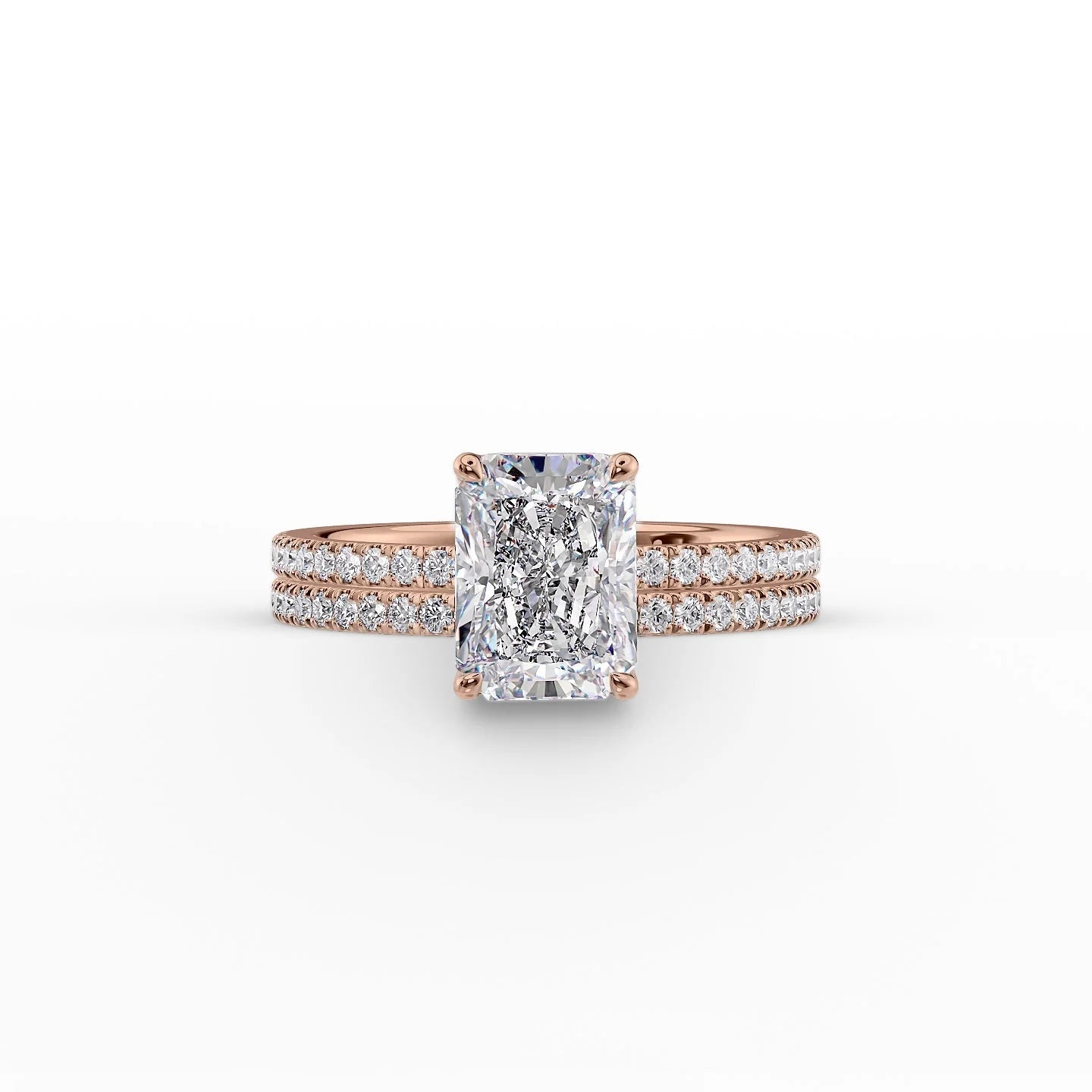 The Pave Eleanor Set With A 2.5 Carat Radiant 14K Rose Gold Lab Diamond