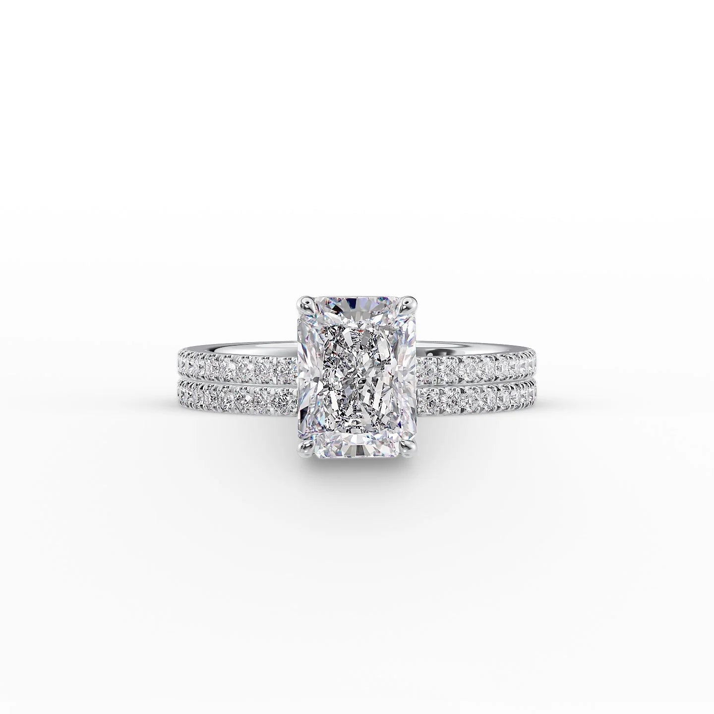 The Pave Eleanor Set With A 3 Carat Radiant 18K White Gold Lab Diamond