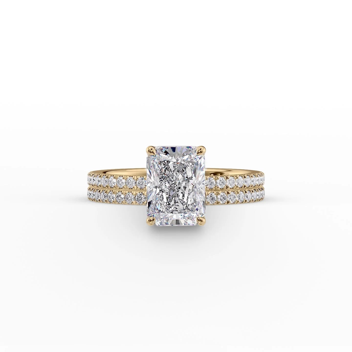 The Pave Eleanor Set With A 3 Carat Radiant 14K Yellow Gold Lab Diamond