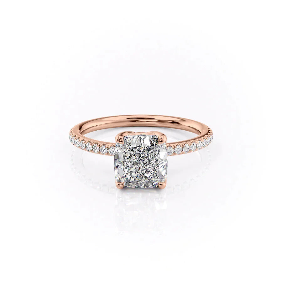 The Pave Alison Set With A 1 Carat Cushion 14K Rose Gold Lab Diamond
