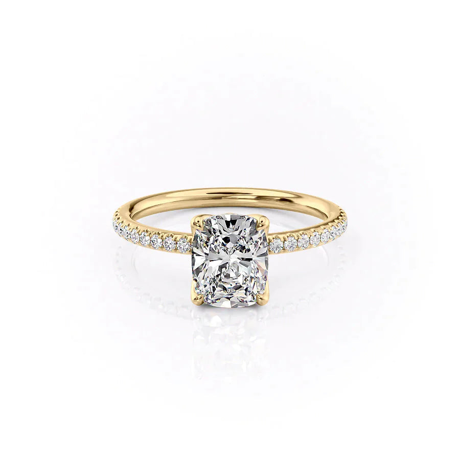 The Pave Alison Set With A 3 Carat E. Cushion 18K Yellow Gold Lab Diamond