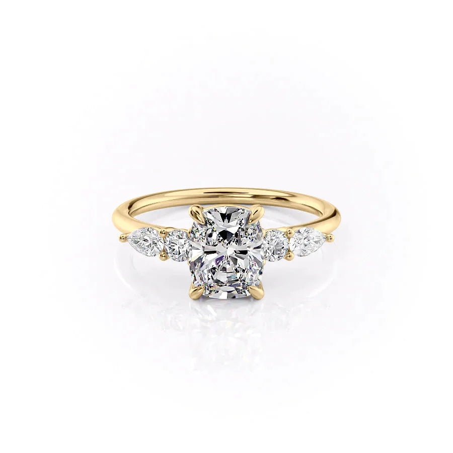 The Abigail Set  With A 3 Carat E. Cushion 18K Yellow Gold Moissanite
