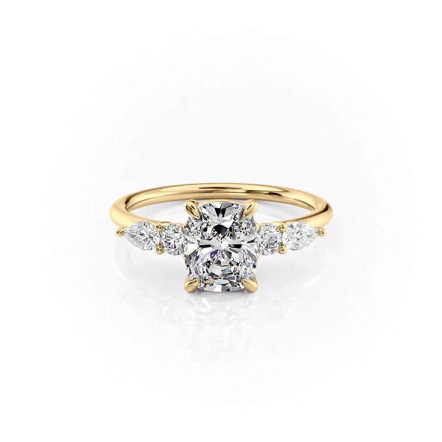 The Abigail Set  With A 1 Carat E. Cushion 14K Yellow Gold Moissanite