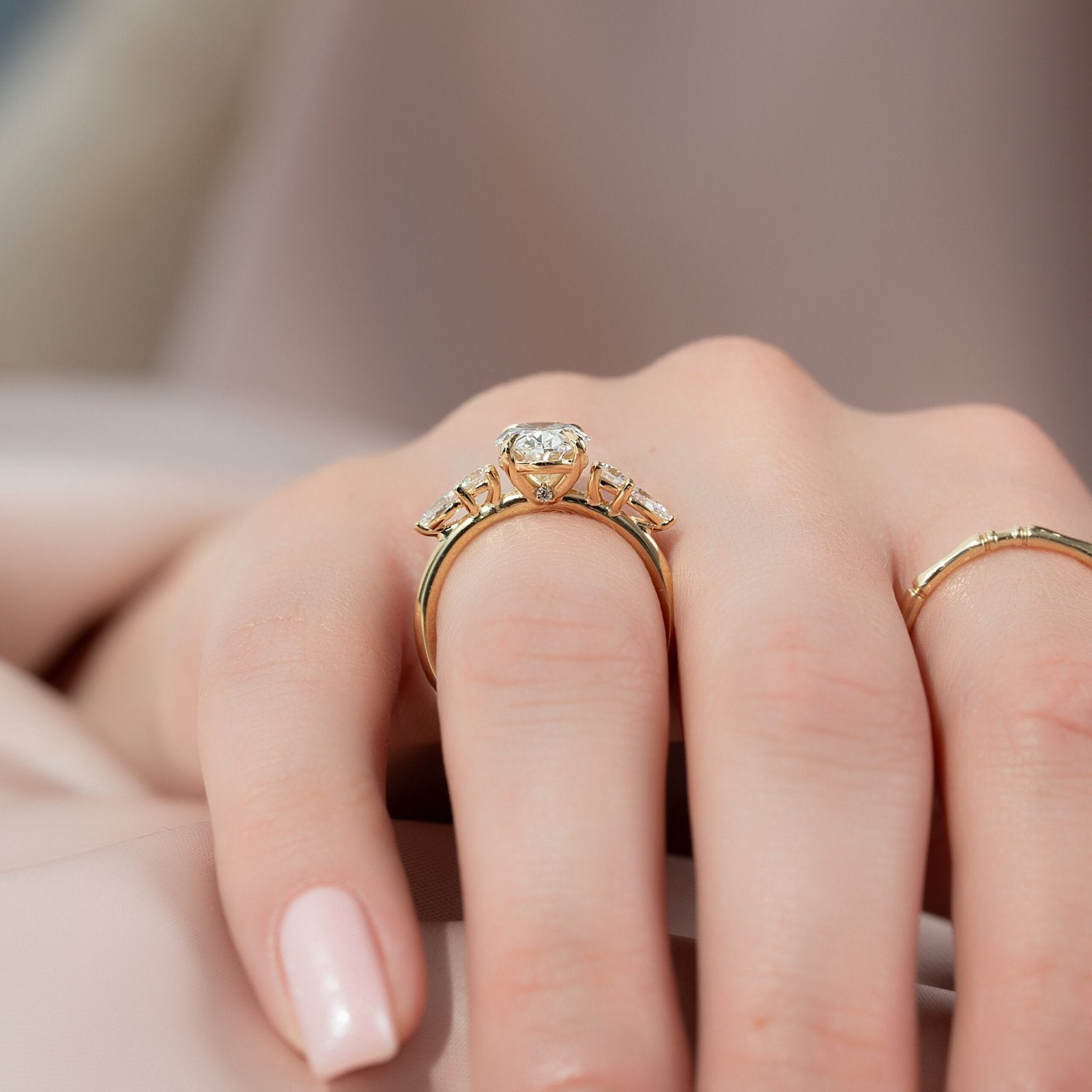 The Abigail Set  With A 1.5 Carat Oval 18K Yellow Gold Moissanite