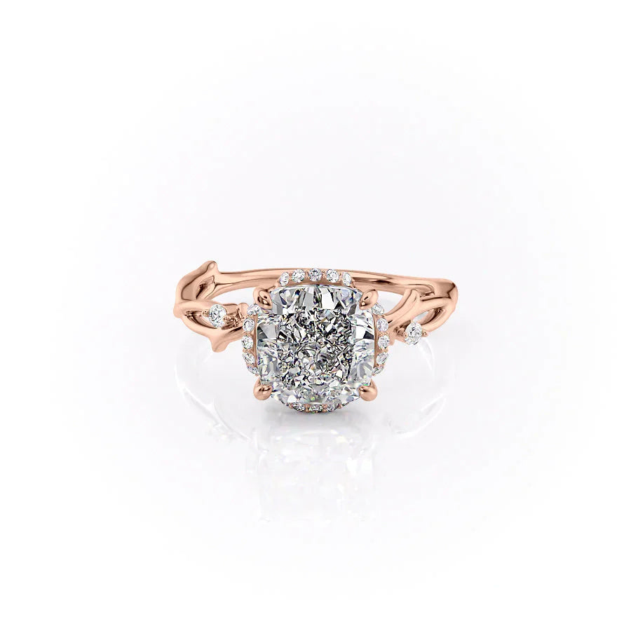 The Halo Twig Set With A 3 Carat Cushion 14K Rose Gold Lab Diamond