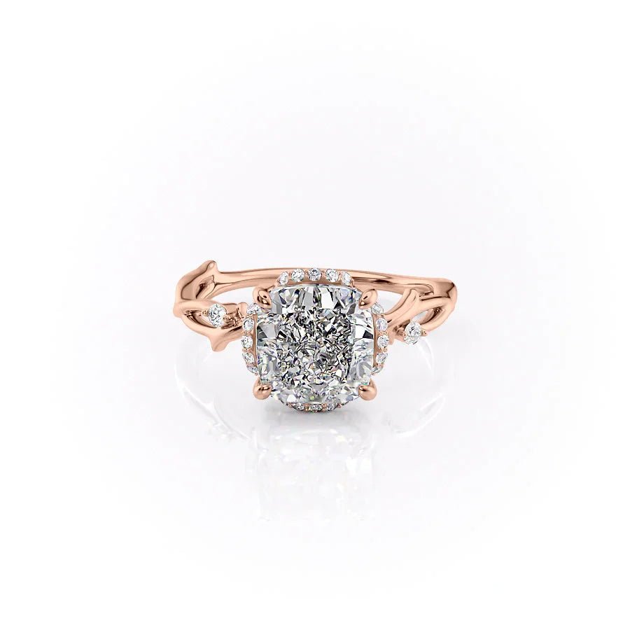 The Halo Twig Set  With A 3 Carat Cushion 14K Rose Gold Moissanite