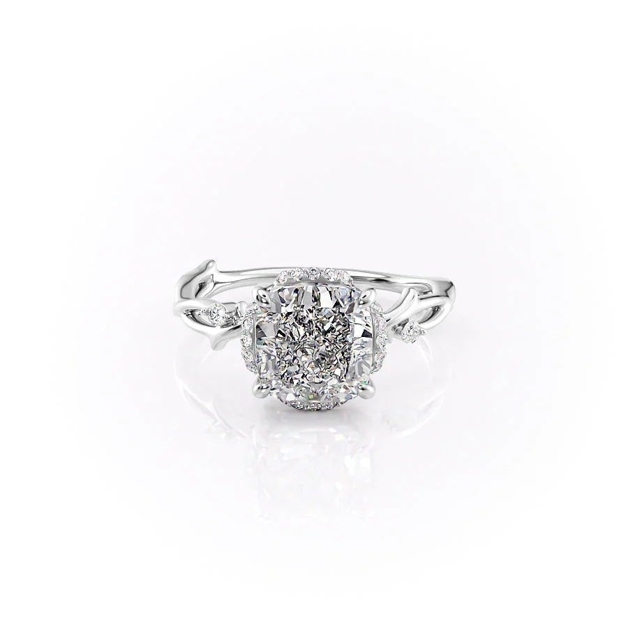 The Halo Twig Set  With A 3 Carat Cushion 14K White Gold Moissanite