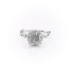 The Halo Twig Set  With A 3 Carat Cushion 14K White Gold Moissanite