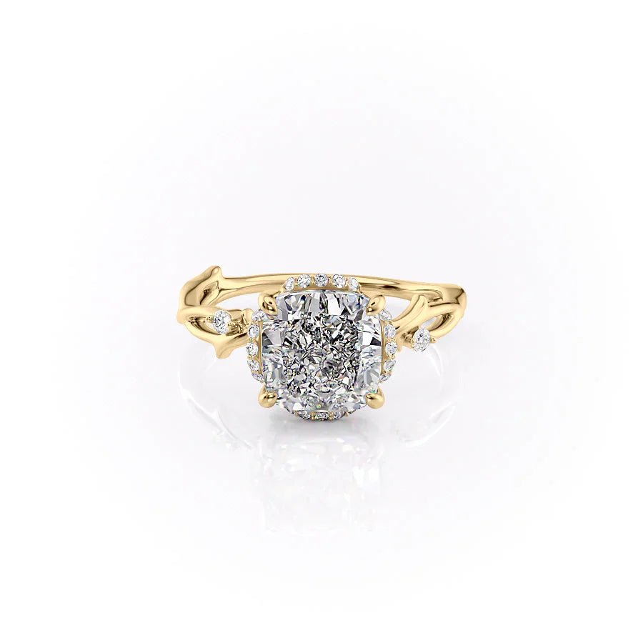 The Halo Twig Set  With A 3.5 Carat Cushion 18K Yellow Gold Moissanite