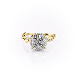 The Halo Twig Set  With A 3.5 Carat Cushion 18K Yellow Gold Moissanite