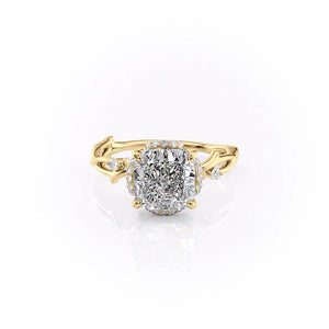 The Halo Twig Set  With A 1 Carat Cushion 18K Yellow Gold Moissanite