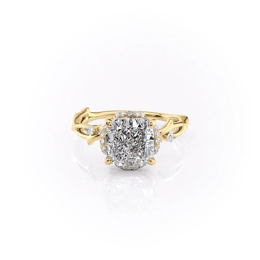 The Halo Twig Set With A 1 Carat Cushion 18K Yellow Gold Lab Diamond