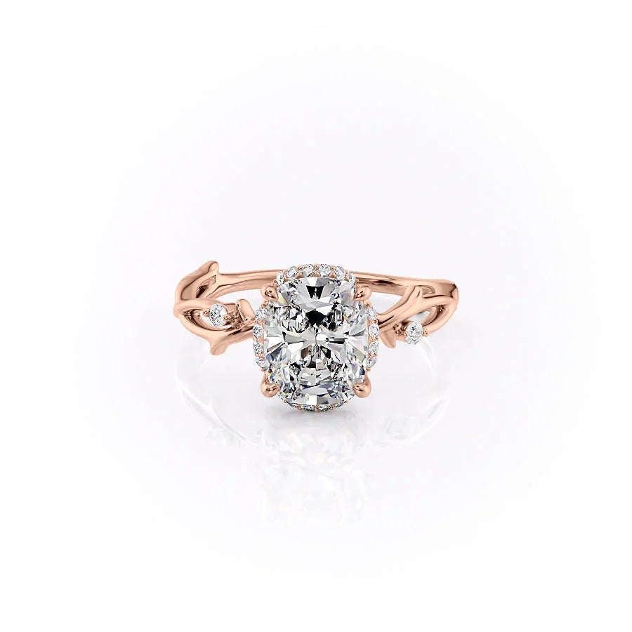 The Halo Twig Set With A 2.5 Carat E. Cushion 14K Rose Gold Lab Diamond