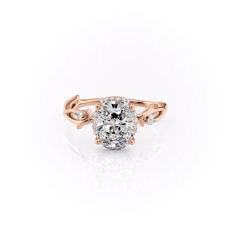 The Halo Twig Set  With A 5 Carat E. Cushion 14K Rose Gold Moissanite