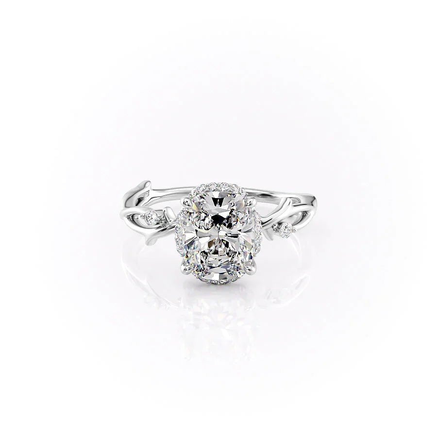 The Halo Twig Set  With A 1.5 Carat E. Cushion 14K White Gold Moissanite