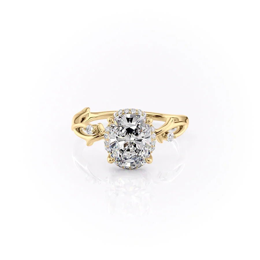 The Halo Twig Set  With A 4 Carat E. Cushion 18K Yellow Gold Moissanite